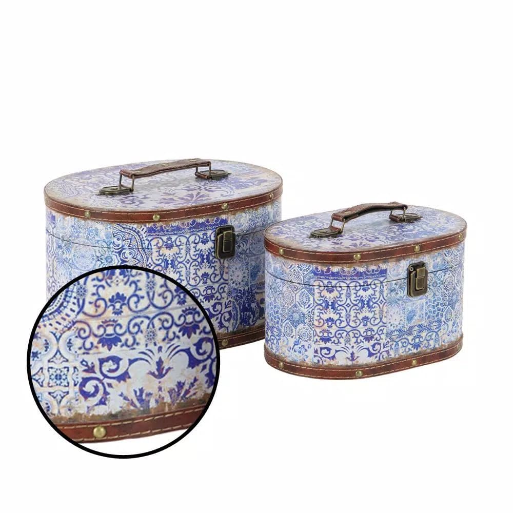 LITTON LANE Vintage Oval Wood and Faux Leather Case-Style Storage Boxes with Lids (Set of 2)