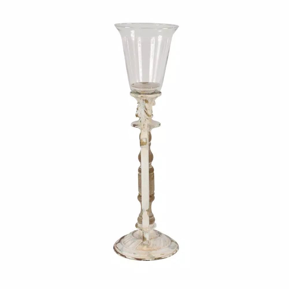 LITTON LANE Distressed White Wood, Glass and Metal Hurricane Candle Holder