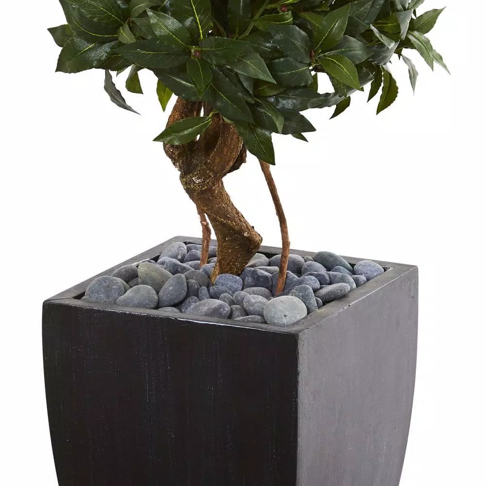 Nearly Natural 4.5 ft. Artificial Sweet Bay Double Topiary Tree in Black Wash Clay Planter