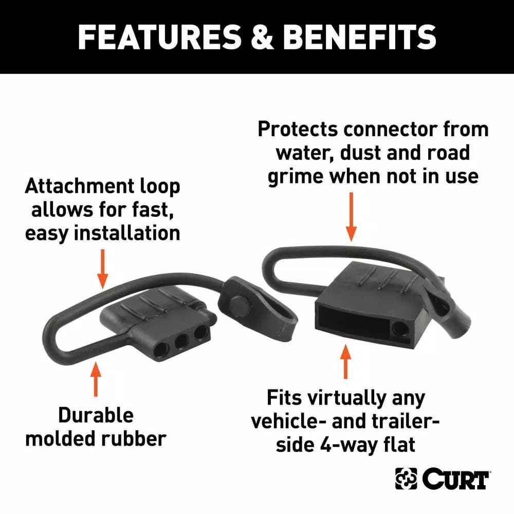 CURT 4-Way Flat Connector Dust Cover Set - Black Rubber Trailer Plug and Socket Covers