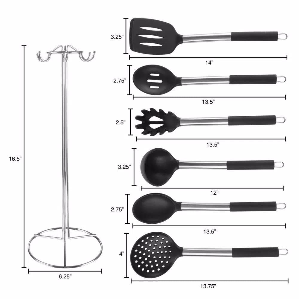 Classic Cuisine 7-Piece Stainless Steel and Silicone Kitchen Utensil Set with Holder