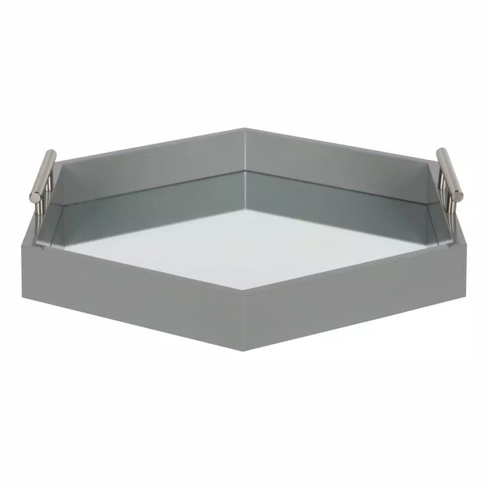 Kate and Laurel Lipton Gray Hexagon Decorative Tray with Mirrored Base and Polished Metal Handles