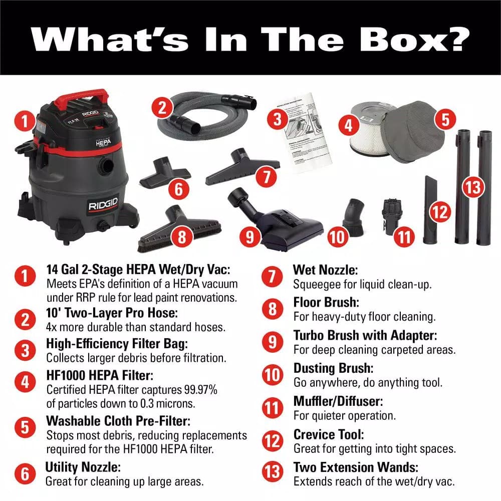 RIDGID 14 Gallon 2-Stage HEPA Commercial Wet/Dry Shop Vacuum, 11.5 Amp