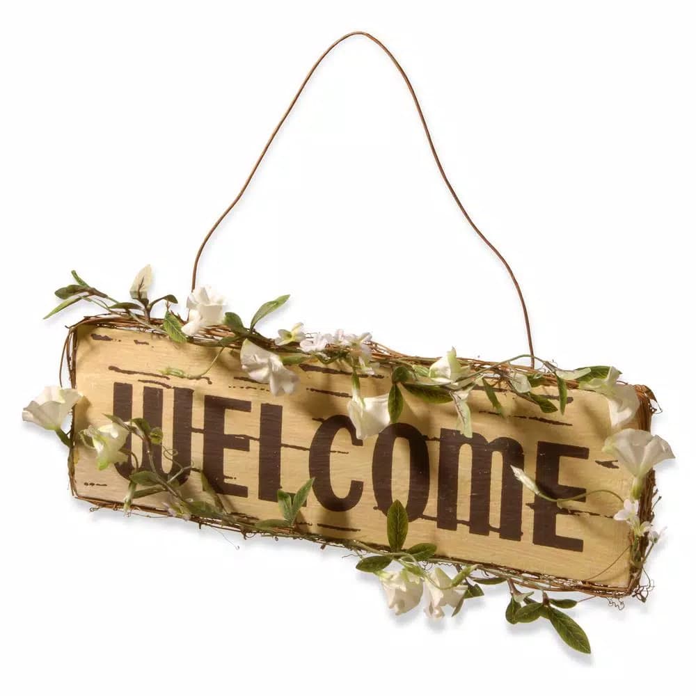 National Tree Company 21 in. Handcrafted Wood Welcome Sign with Floral Vine Trim