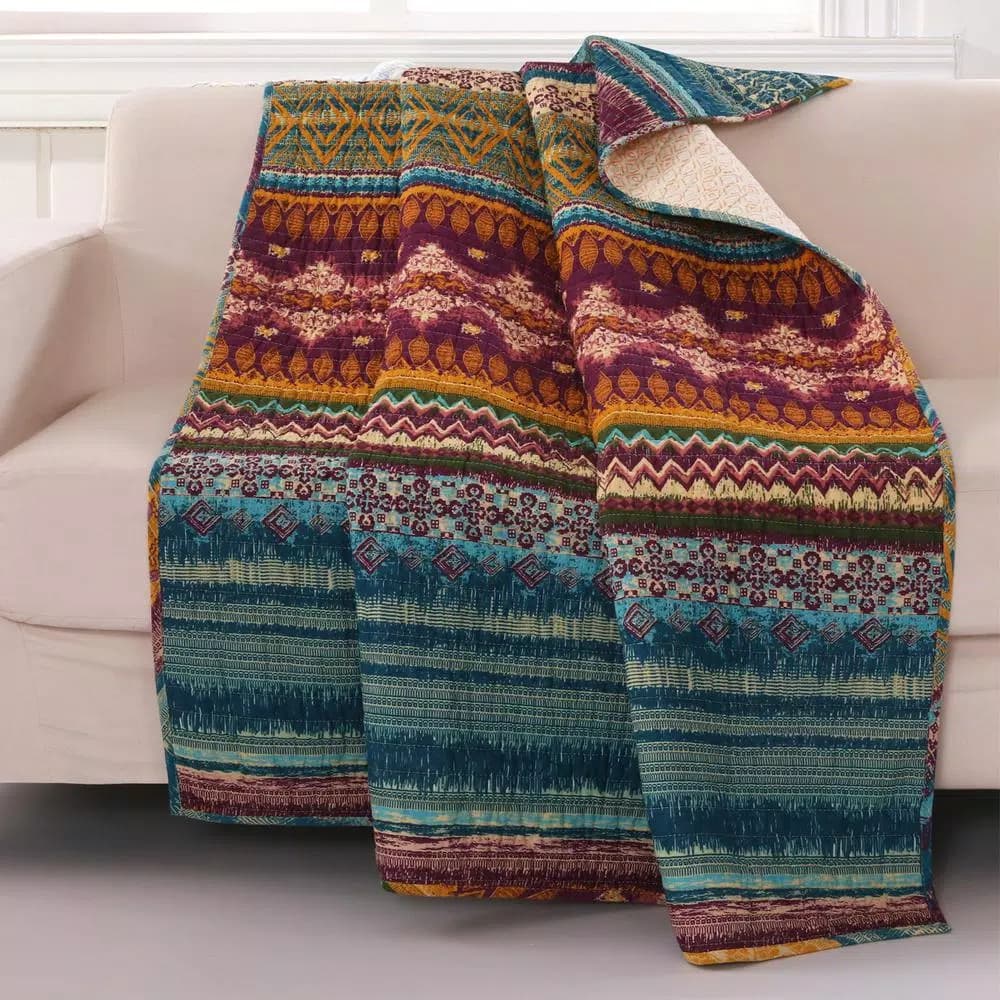Greenland Home Fashions Southwest Multicolored Quilted Cotton Throw Blanket, Reversible Native American Motif