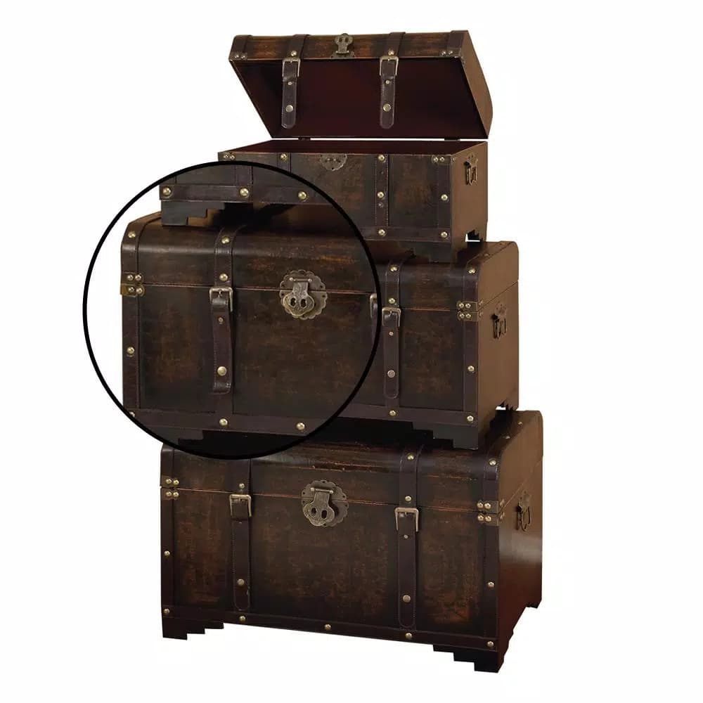 LITTON LANE Set of 3 Distressed Brown Trunk-Style Decorative Boxes with Faux Leather Cover