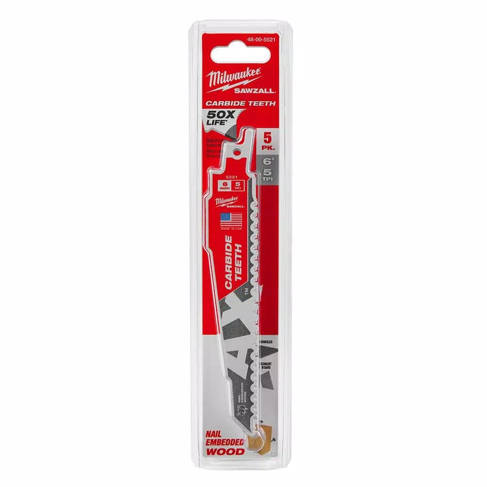 Milwaukee AX 6 in. Carbide Teeth Demolition Reciprocating Saw Blades, 5 TPI, 5-Pack