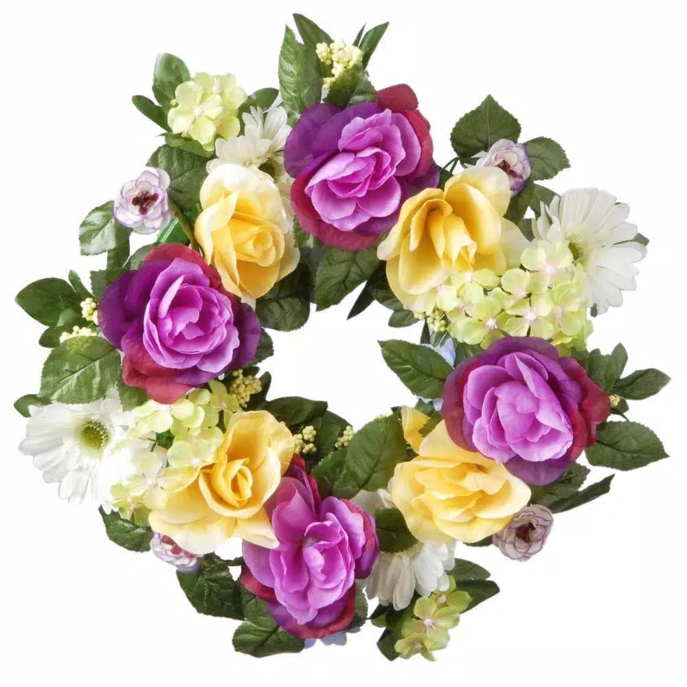 National Tree Company 18 in. Mixed Flower Wreath with Daisies, Roses, and Hydrangeas