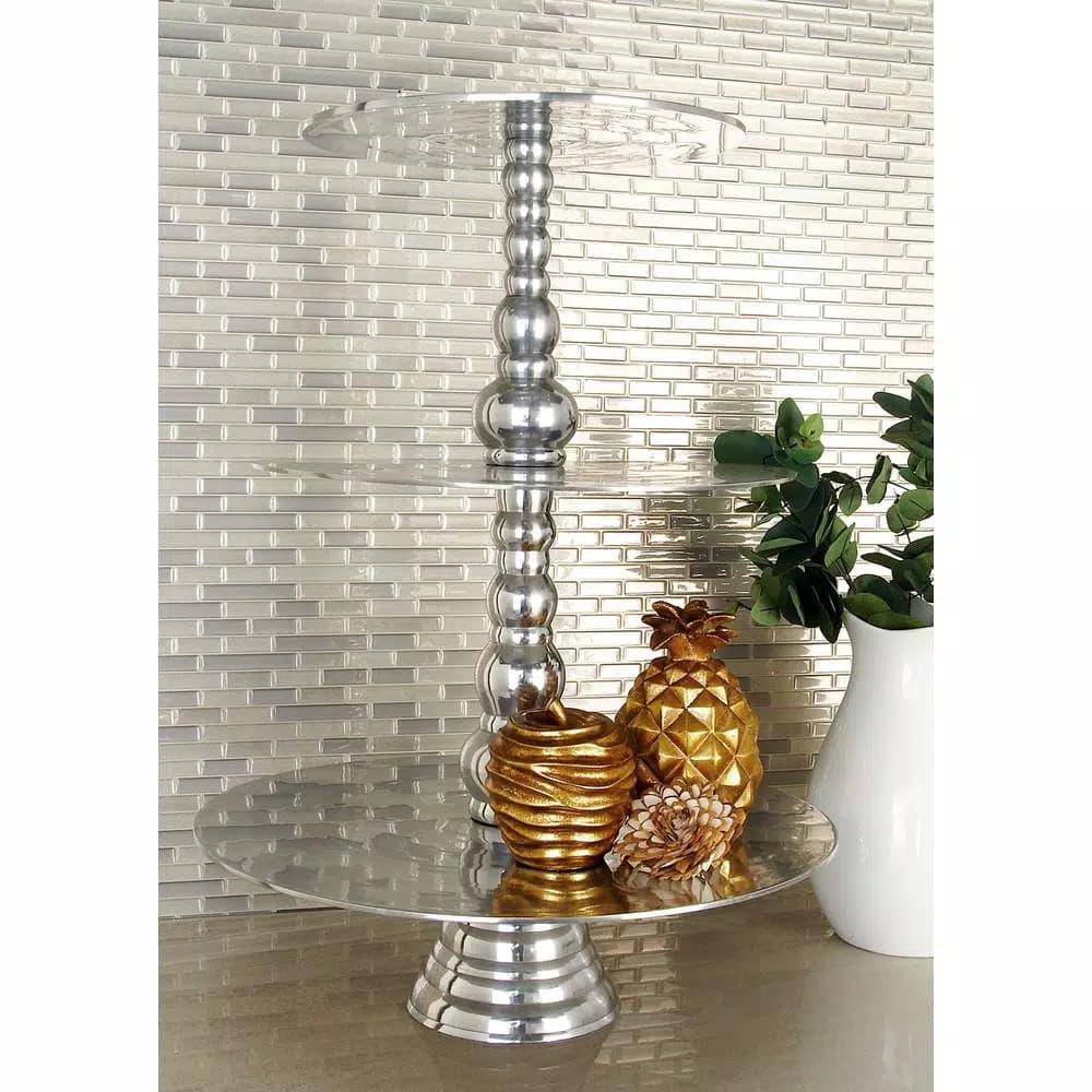 LITTON LANE 23 in. Polished Silver Aluminum 3-Tiered Round Rimless Cake Stand