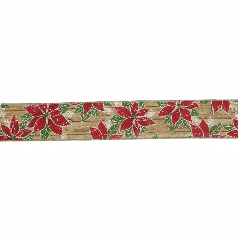 Northlight Red and Green Poinsettia Wood Plank Christmas Wired Ribbon, 2.5 in. x 16 yds.