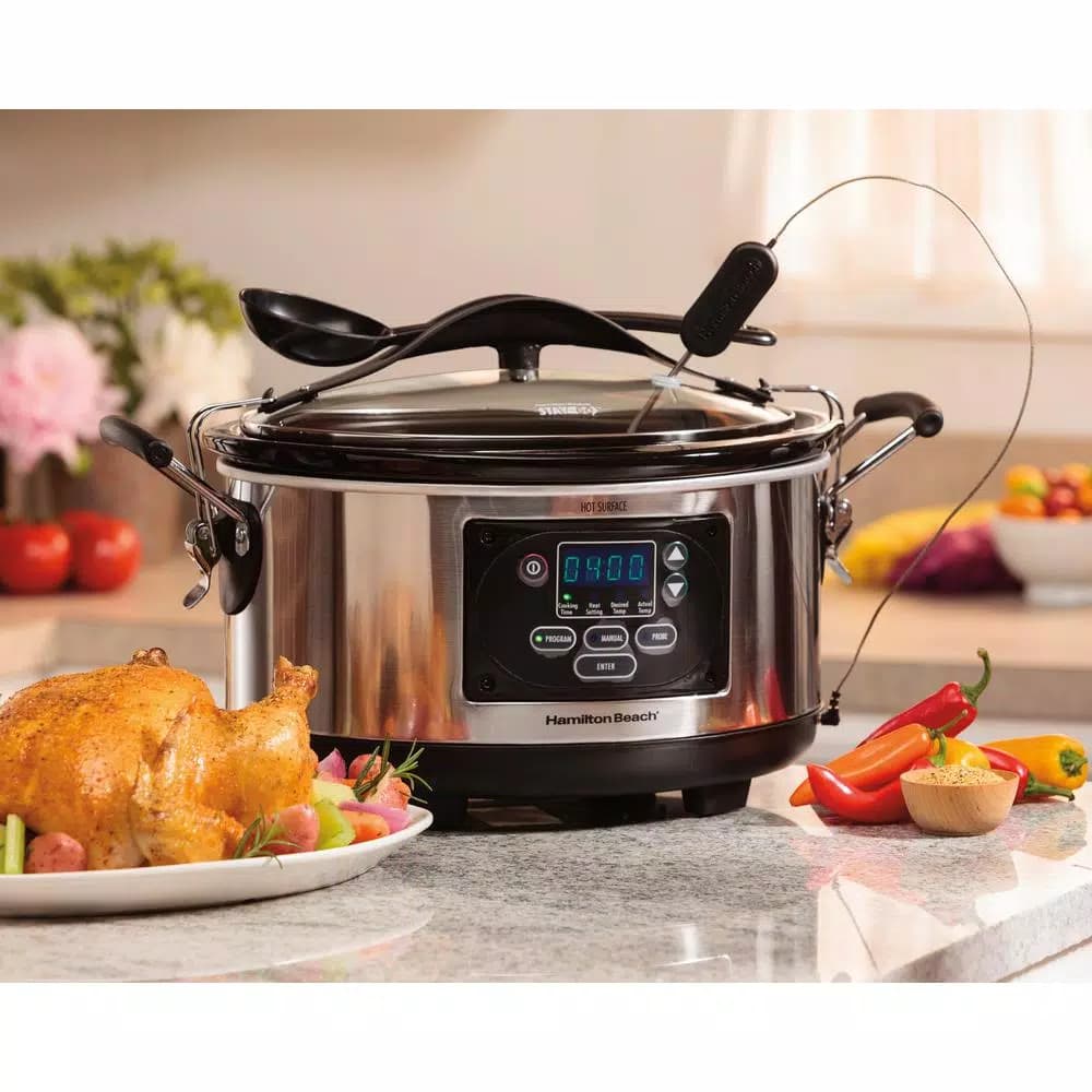 Hamilton Beach 6 Qt. Stainless Steel Programmable Slow Cooker with Temperature Probe