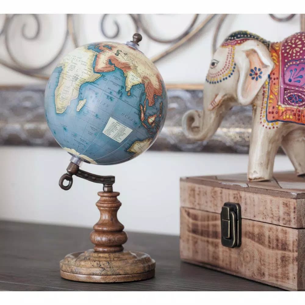 LITTON LANE 10 in. New Traditional Decorative Globe with Wooden Marble Base and Iron Axis