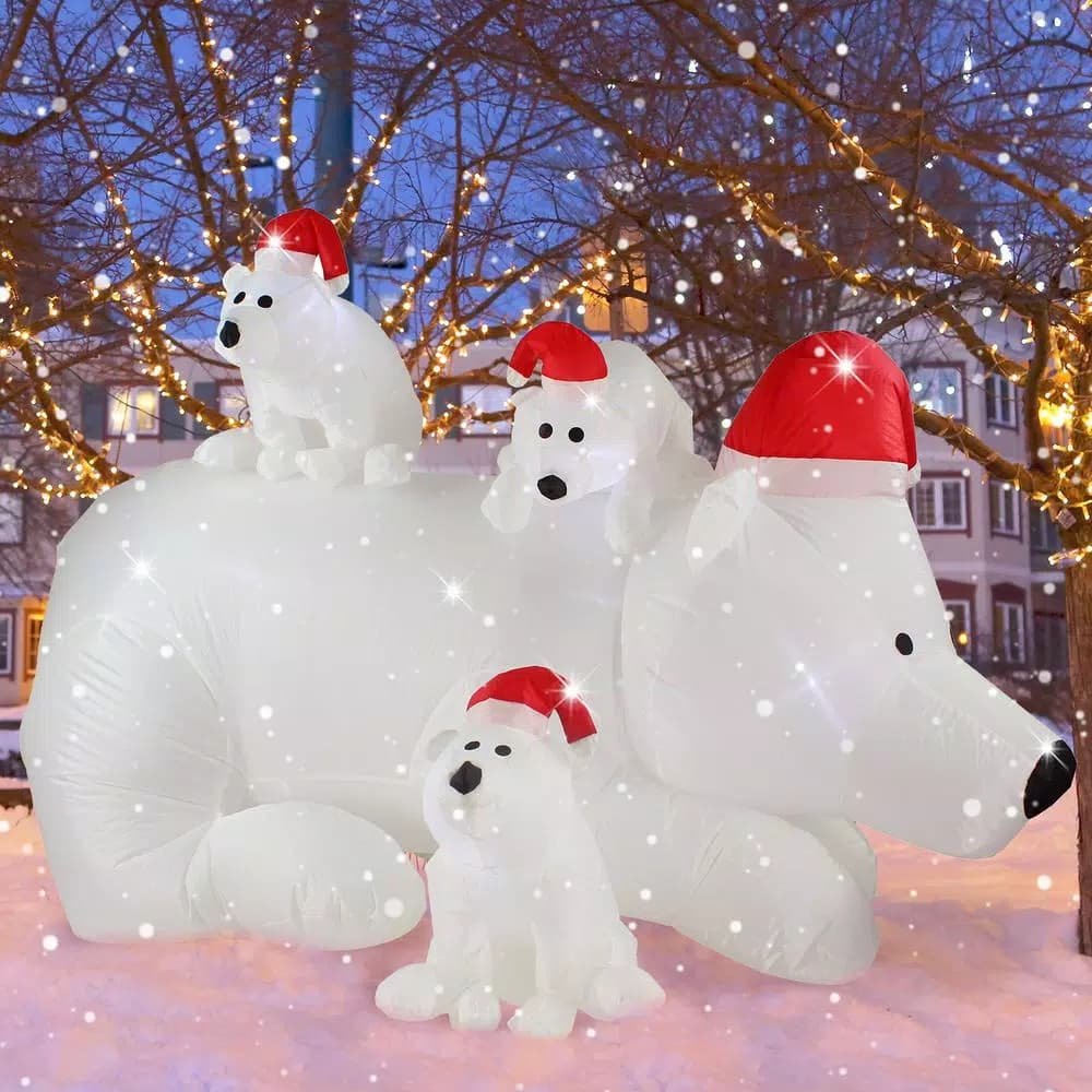 JOYDECOR 6 ft. Polar Bear Family Christmas Inflatable with LED Lights and Red Santa Hats