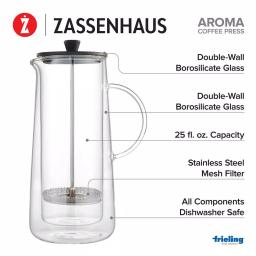 ZASSENHAUS Aroma 6-Cup Double Wall Borosilicate Glass French Press Coffee Maker, 25 fl. oz. thumbnail 4