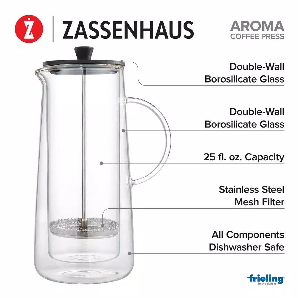 ZASSENHAUS Aroma 6-Cup Double Wall Borosilicate Glass French Press Coffee Maker, 25 fl. oz.