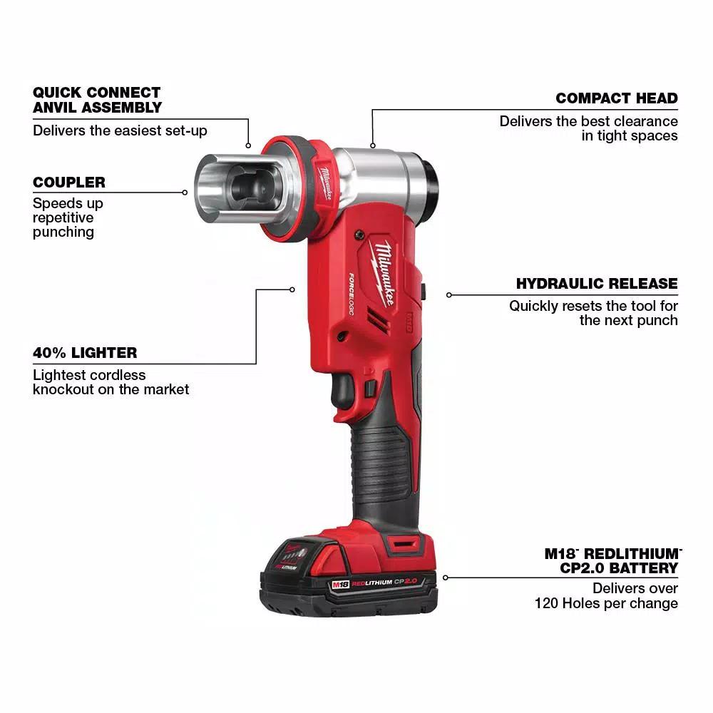 Milwaukee M18 FORCE LOGIC 6 Ton Cordless Knockout Tool Kit with 2.0 Ah Battery and Die Set