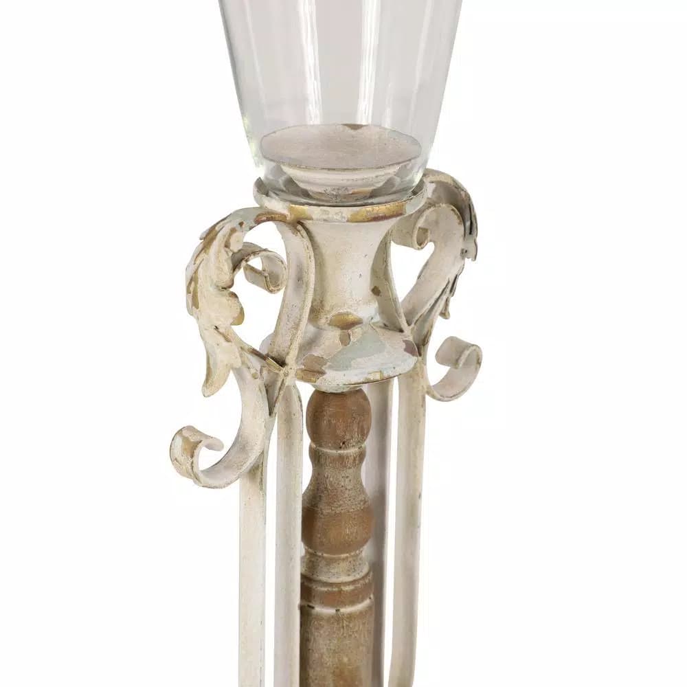 LITTON LANE Distressed White Wood, Glass and Metal Hurricane Candle Holder