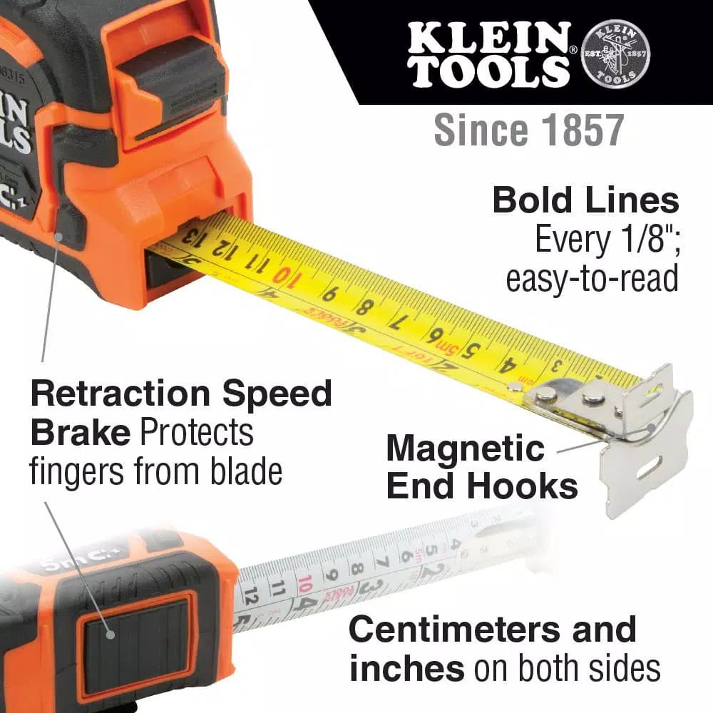 Klein Tools 25 ft. Magnetic Double Hook Tape Measure with 9.5 ft. Standout