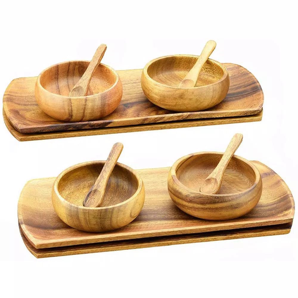 Acaciaware 12-Piece Acacia Wood Oval Serving Tray Set with Bowls and Spoons