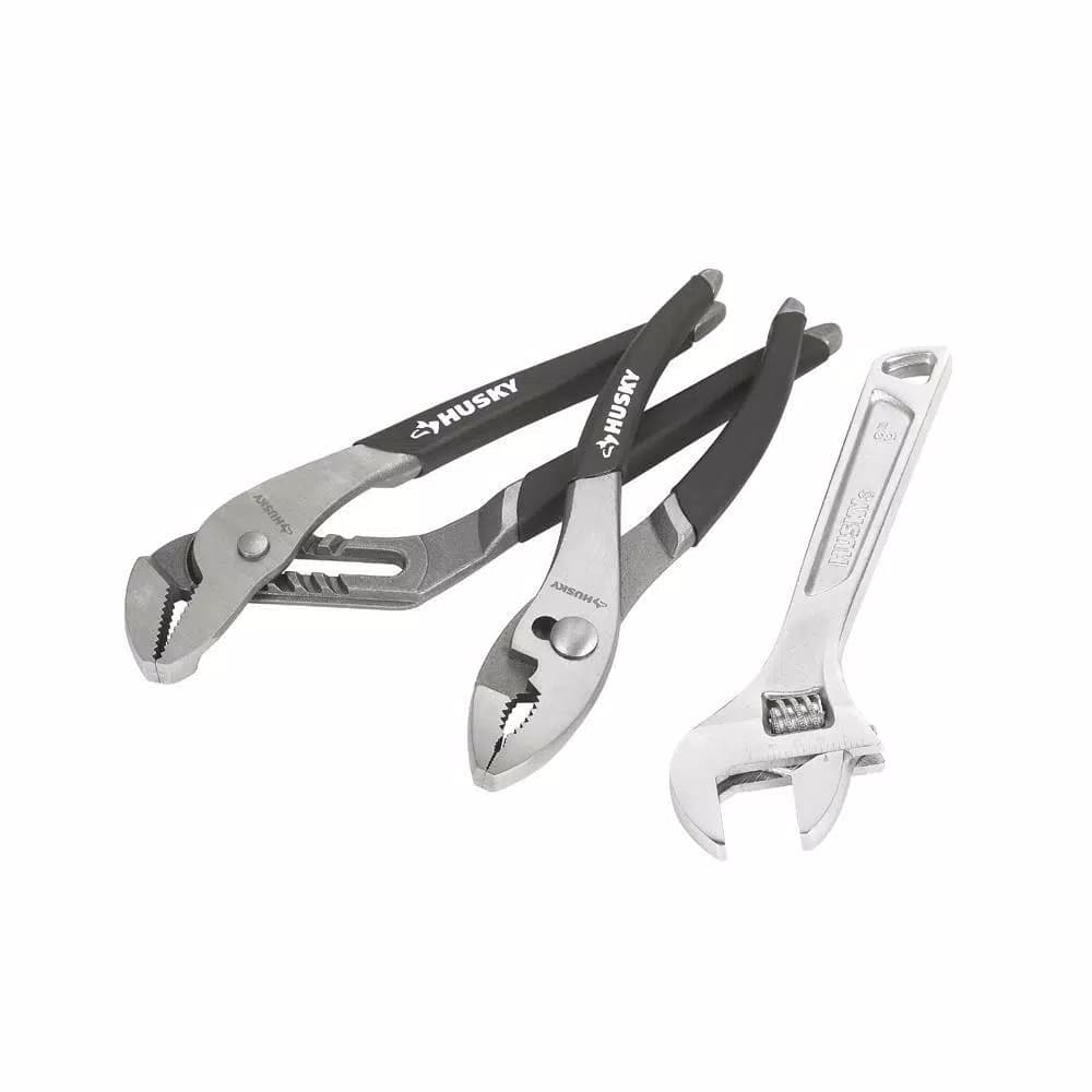 Husky 3-Piece Pliers and Wrench Set with Groove Joint, Slip Joint, and Double Speed Adjustable Wrench