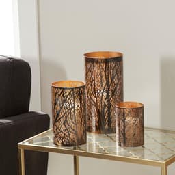 LITTON LANE Iron Hurricane Candle Holder Set of 3 - 12 in. x 6 in. Bronze Brass with Tree Branch Cutouts thumbnail 5