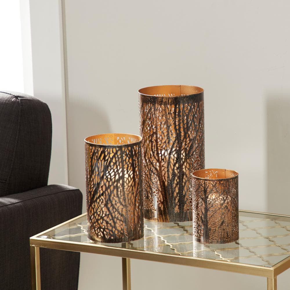 LITTON LANE Iron Hurricane Candle Holder Set of 3 - 12 in. x 6 in. Bronze Brass with Tree Branch Cutouts
