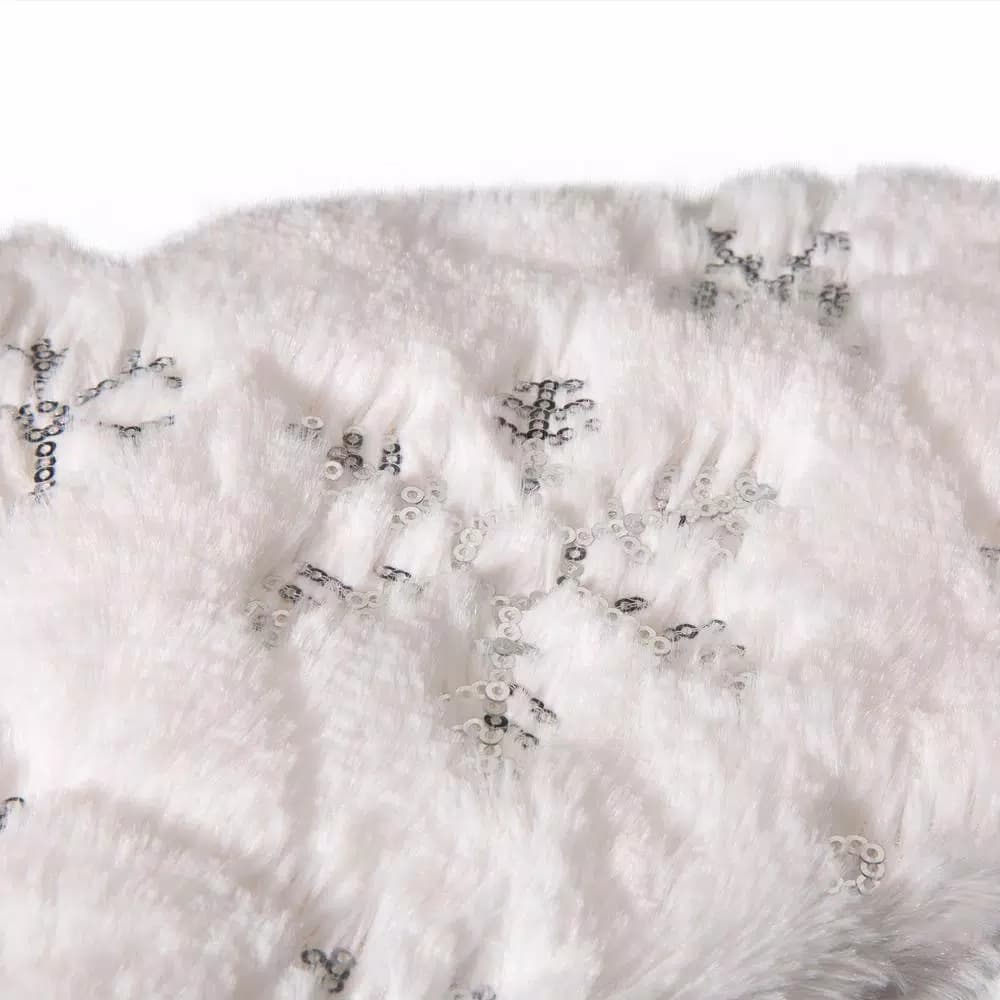 Unbranded 48 in. White Plush Tree Skirt and 2 Stockings Set with Snowflake Embroidery and Beaded Design