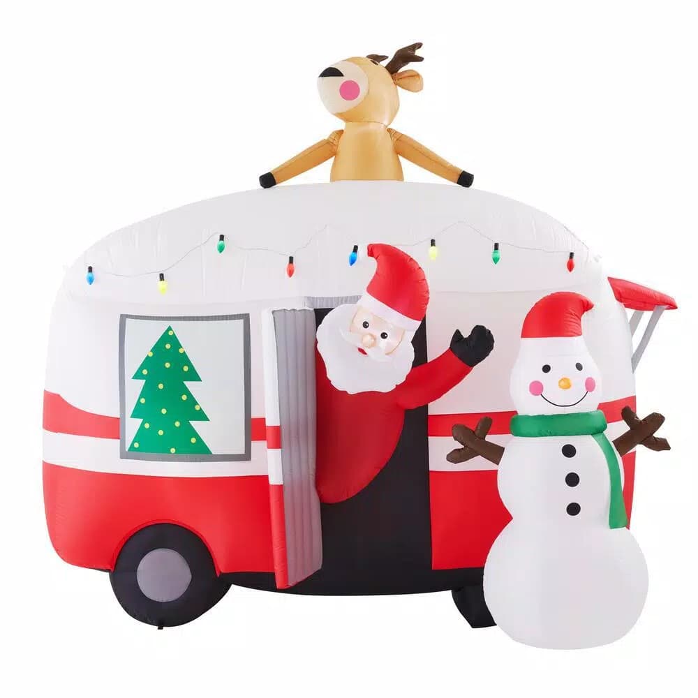 Unbranded 7 ft. Pre-Lit Inflatable Jolly Holiday Camper with Santa, Snowman, and Reindeer