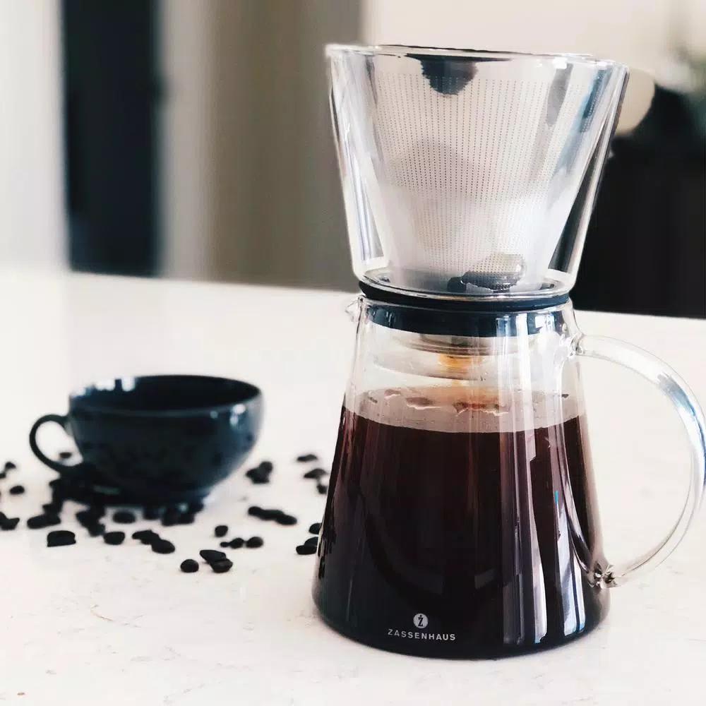 ZASSENHAUS 6-Cup Clear Pour Over Coffee Maker - Borosilicate Glass & Stainless Steel Brewer