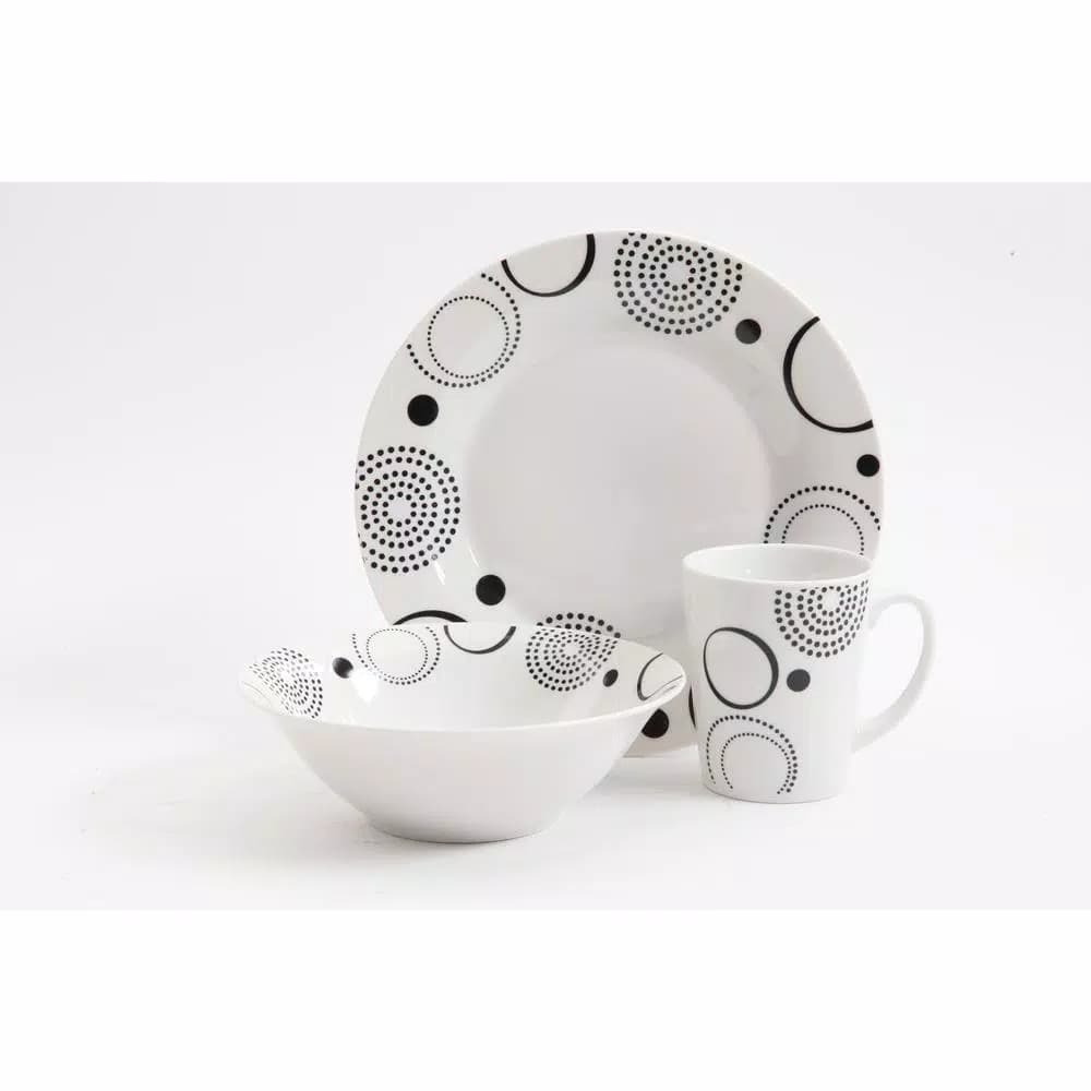 Gibson Home Modern Times 12-Piece Ceramic Dinnerware Set, Black Geometric Design on White, Service for 4