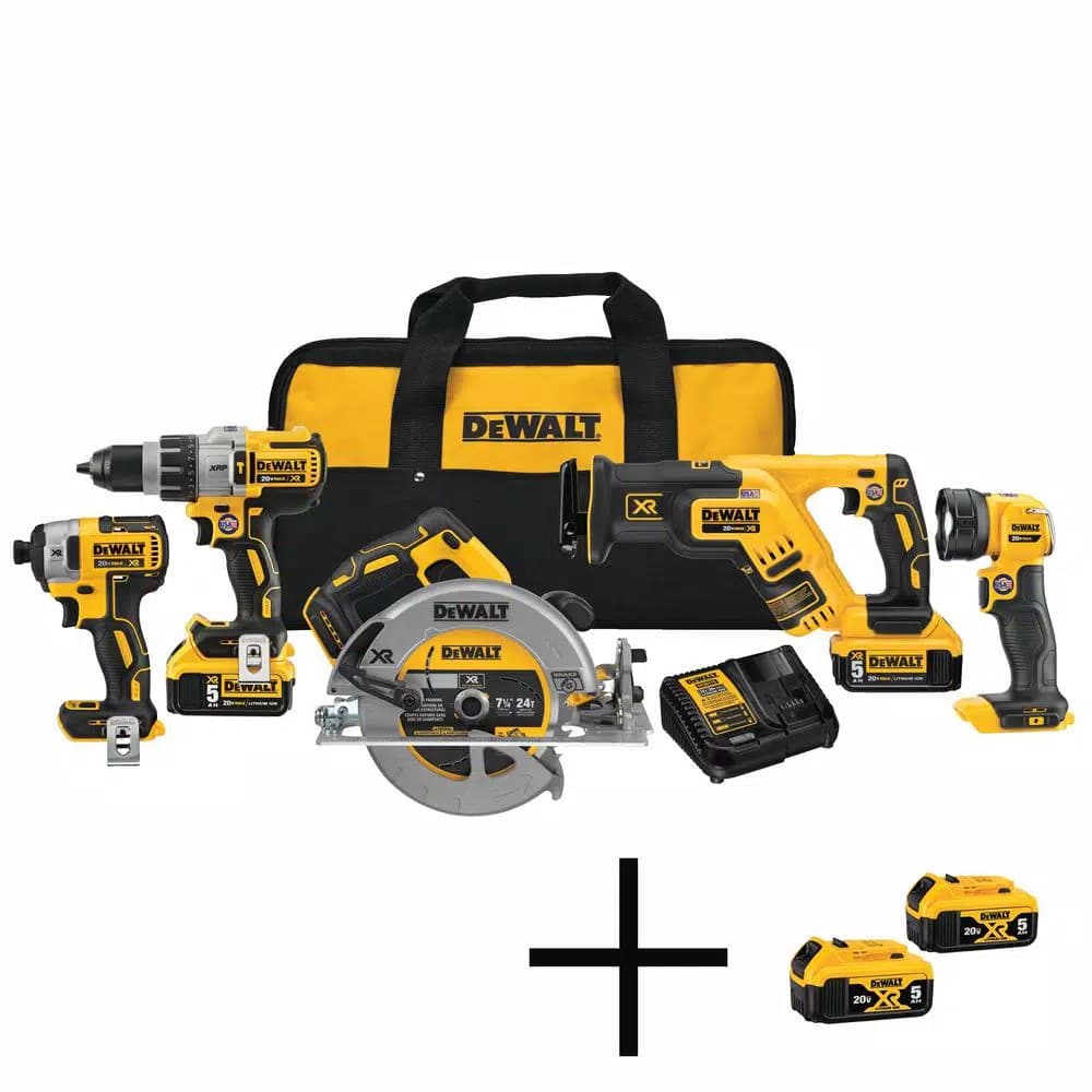 DEWALT 20V MAX XR Cordless 5-Tool Combo Kit with (4) 5.0 Ah Batteries and Charger