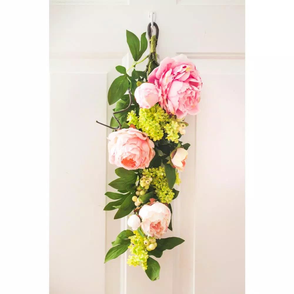Nearly Natural 24 in. Mixed Pink Peony and Hydrangea Teardrop Floral Swag Wreath