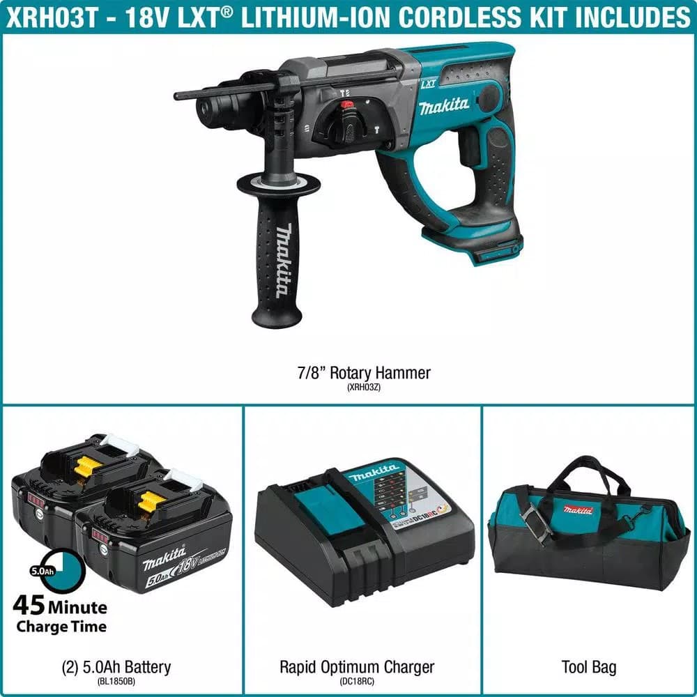 Makita 18V LXT Cordless SDS-Plus Rotary Hammer Drill Kit w/ (2) 5.0Ah Batteries & Charger