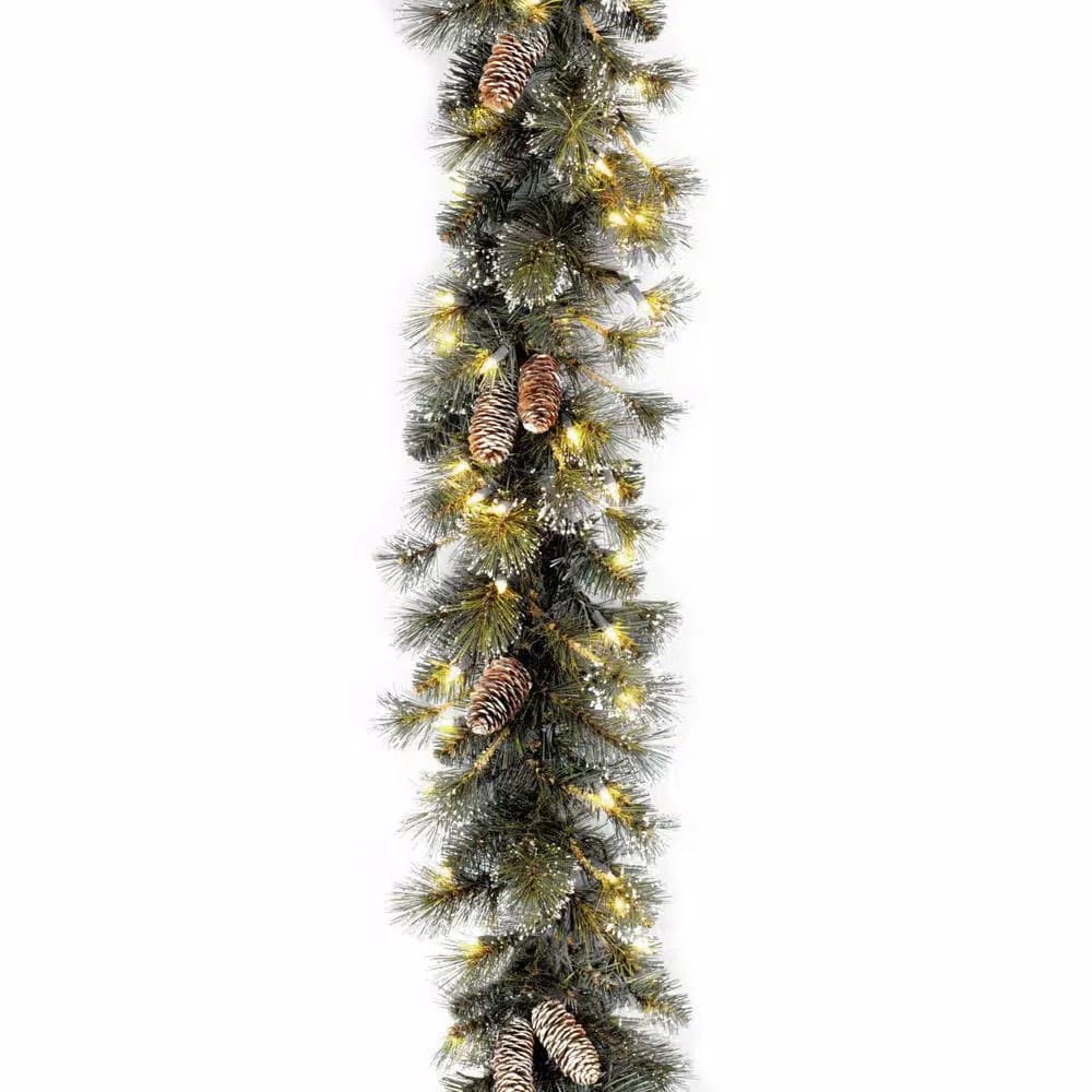 Unbranded 9 ft. Glitter Pine Garland with 100 Clear Lights and Snow-Tipped Pine Cones