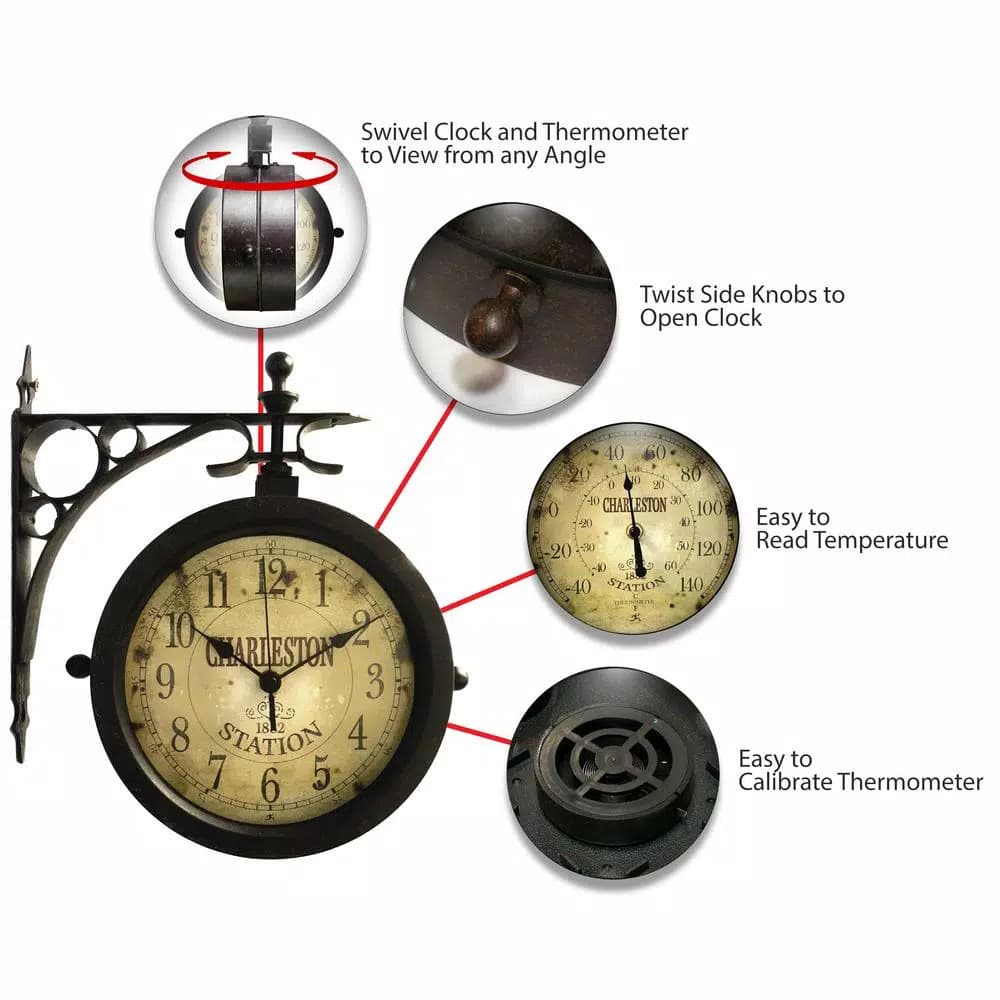 Infinity Instruments Charleston 8 in. Round Double-Sided Outdoor Wall Clock & Thermometer