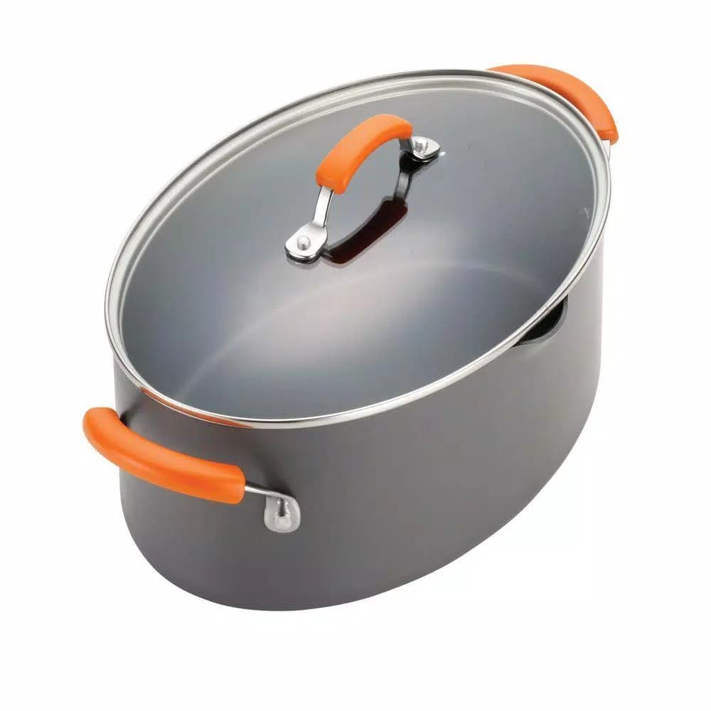 Rachael Ray 8-Quart Hard-Anodized Aluminum Nonstick Pasta Pot with Glass Lid, Orange and Gray