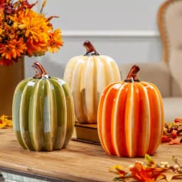 Gerson Assorted 8 in. Ribbed Dolomite Ceramic Harvest Pumpkins, Set of 3 thumbnail 1