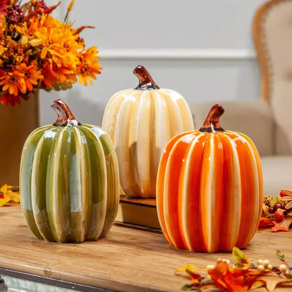 Gerson Assorted 8 in. Ribbed Dolomite Ceramic Harvest Pumpkins, Set of 3