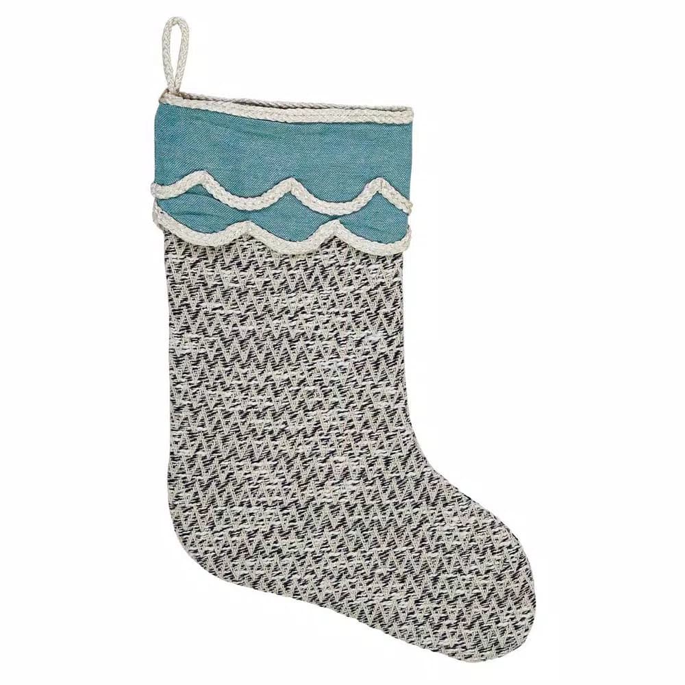 VHC Brands Sanbourne 15 in. Coastal Christmas Cotton Stocking - Creme White & Turquoise