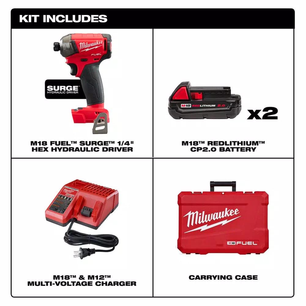 Milwaukee M18 FUEL SURGE 1/4 in. Hex Hydraulic Impact Driver Kit w/ (2) 2.0 Ah Batteries & Charger