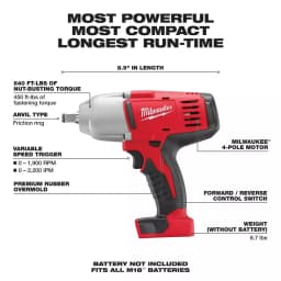Milwaukee M18 1/2 in. High-Torque Cordless Impact Wrench with Friction Ring (Tool-Only) thumbnail 2
