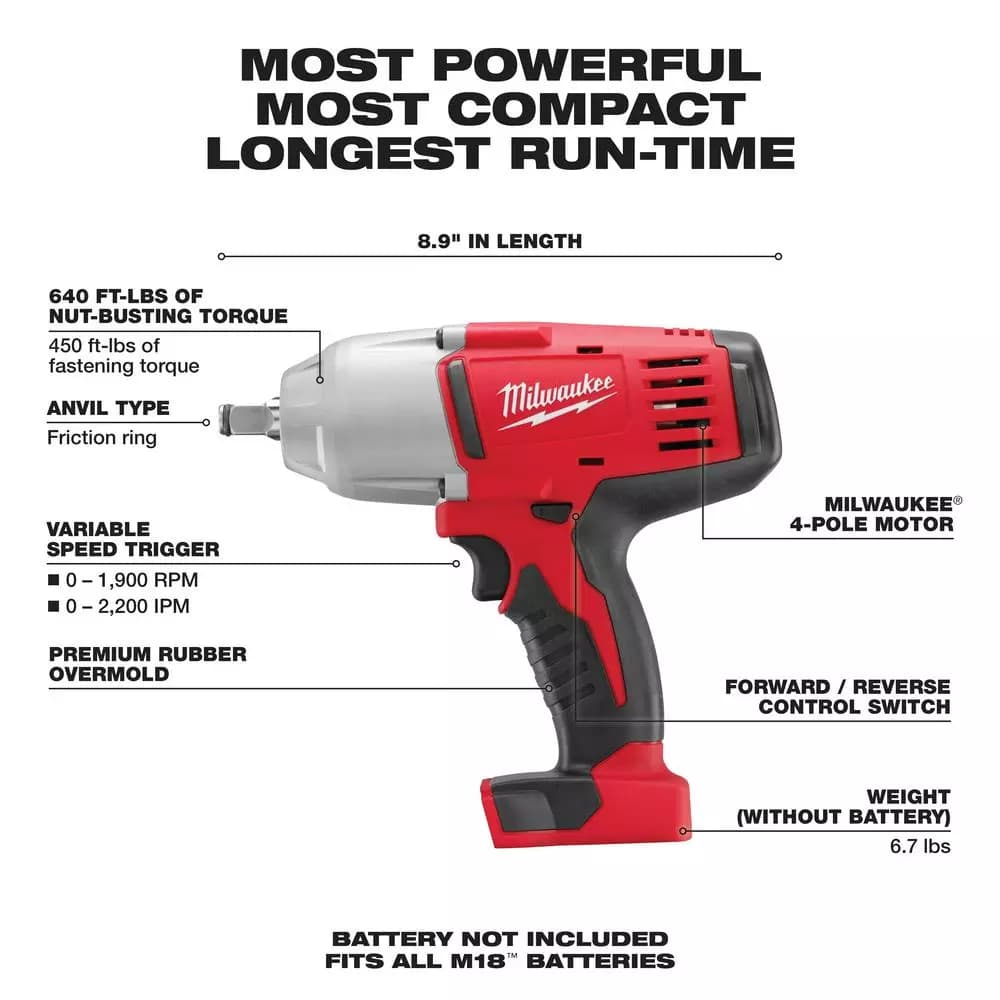 Milwaukee M18 1/2 in. High-Torque Cordless Impact Wrench with Friction Ring (Tool-Only)