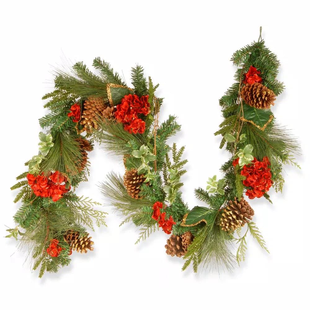 Unbranded 6 ft. Red Hydrangea and Pine Garland with White-Tipped Pine Cones