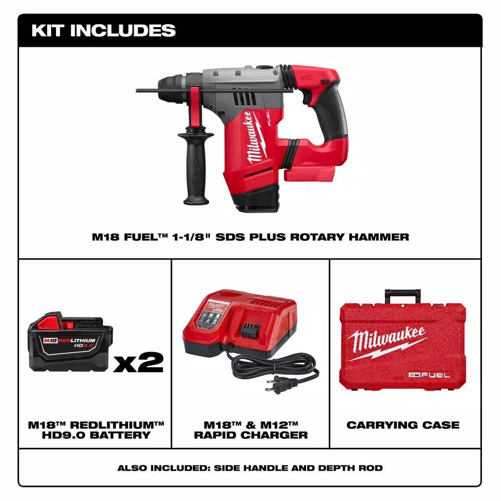 Milwaukee M18 FUEL 1-1/8 in. SDS-Plus Rotary Hammer Kit with (2) 9.0 Ah Batteries and Rapid Charger