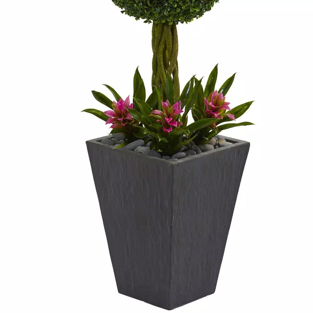 Nearly Natural 5 ft. Artificial Double Boxwood Ball Topiary Tree with Pink Bromeliads in Slate Planter