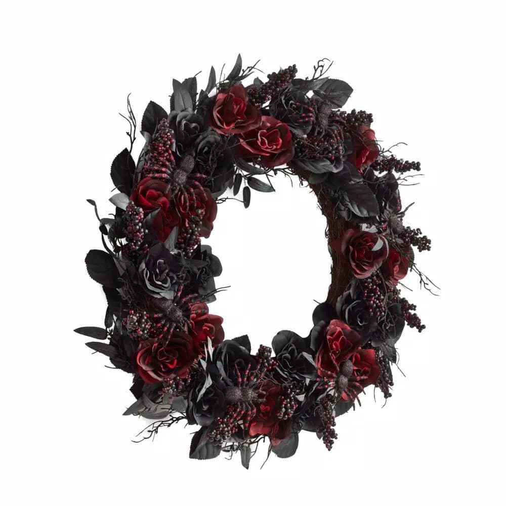Home Accents Holiday 30 in. Black and Burgundy Artificial Rose Halloween Wreath
