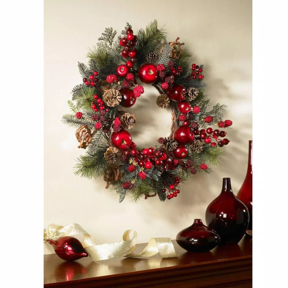 Nearly Natural 22in. Artificial Apple Berry Wreath with Pine Cones and Lush Greenery