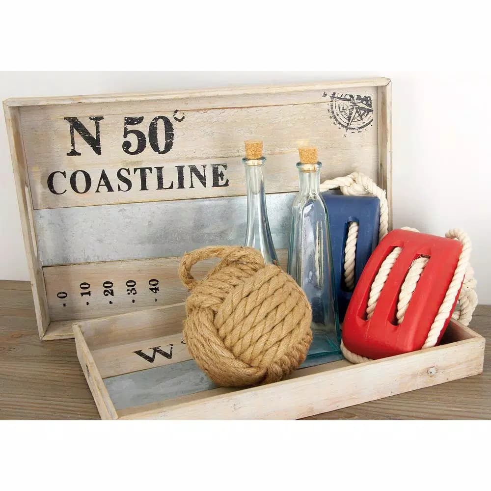 LITTON LANE Coastal Living Rustic Wood & Galvanized Metal Decorative Serving Trays, Set of 2