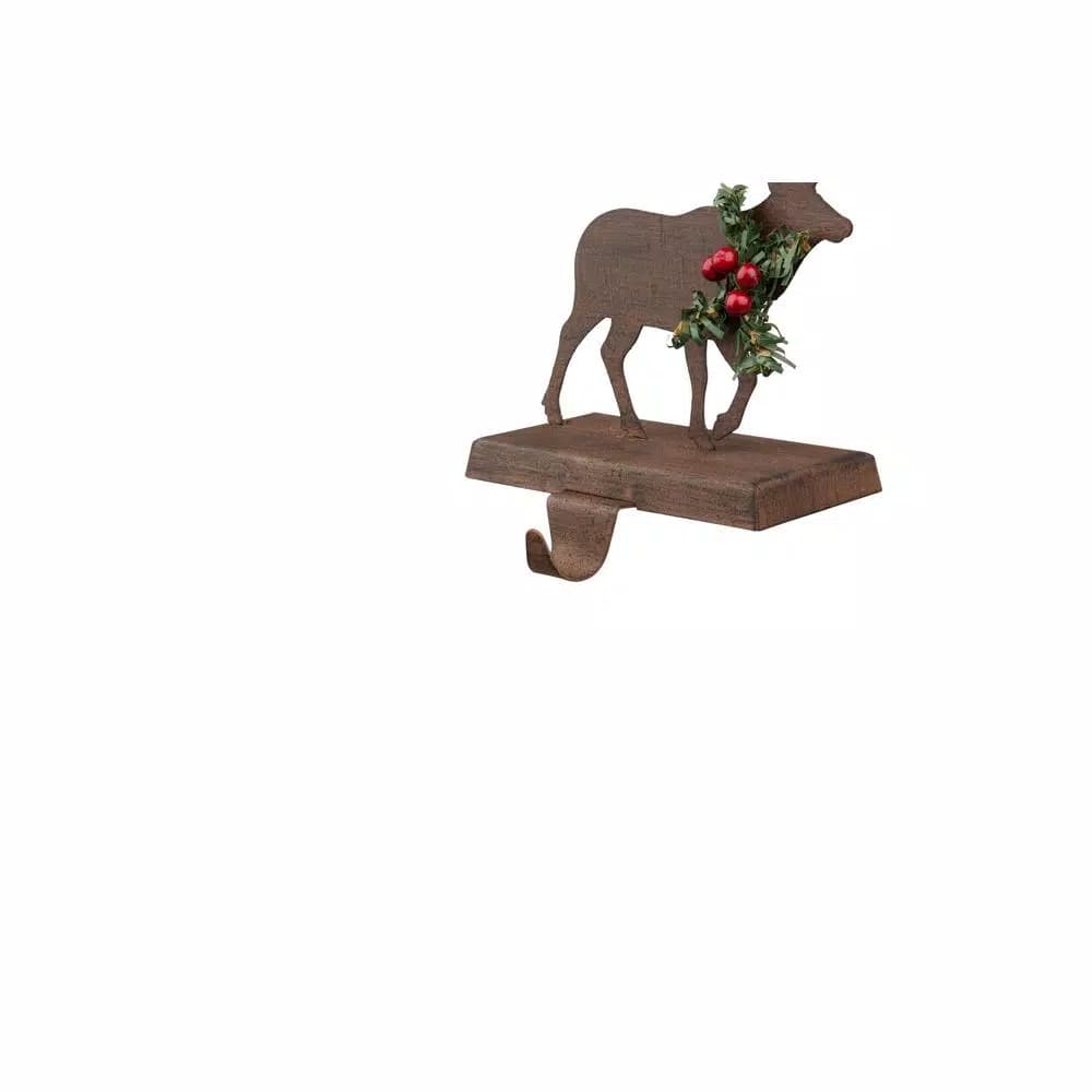 Glitzhome 6.50 in. Reindeer Stocking Holder with Green Garlands and Red Berries, Wooden and Metal
