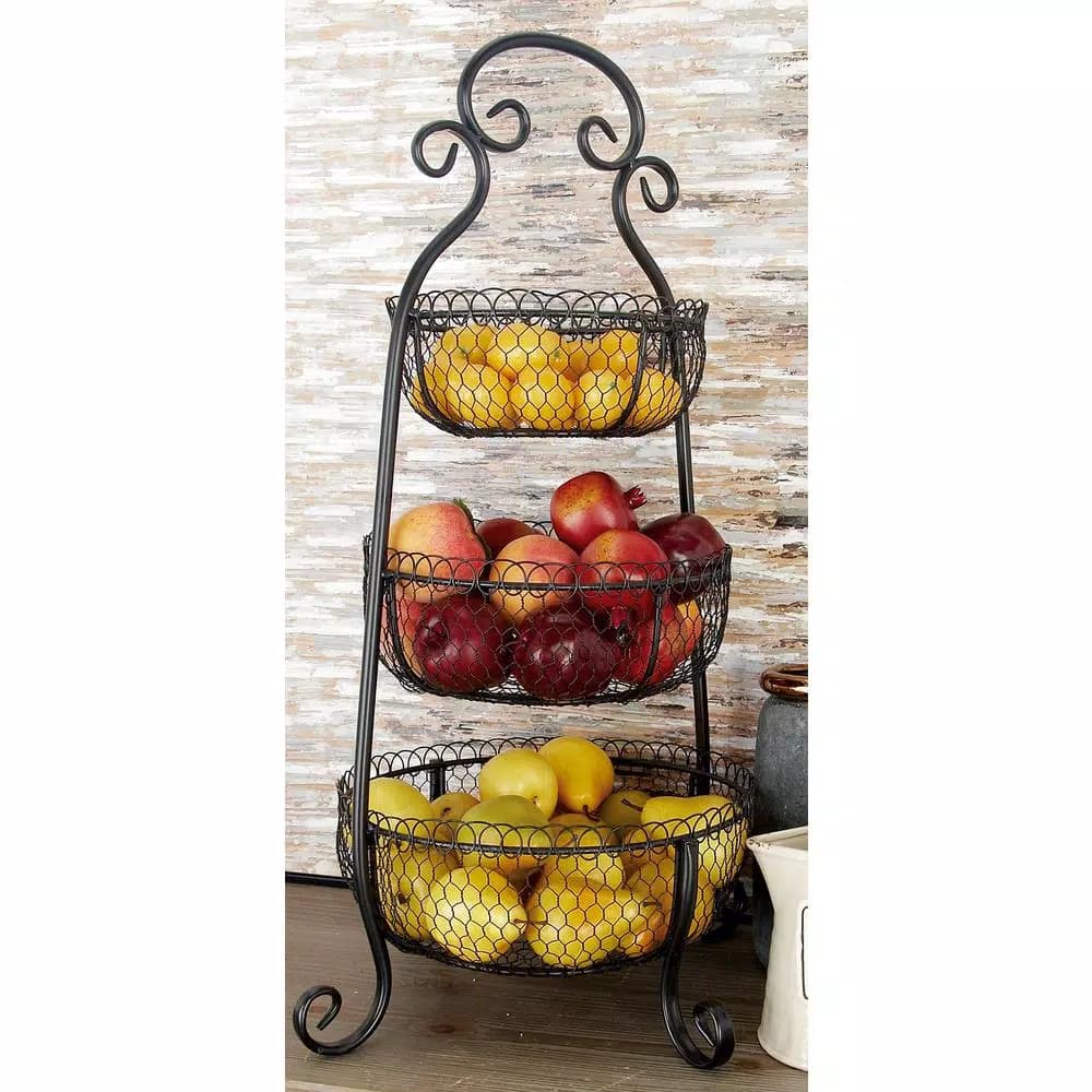 LITTON LANE New Traditional 3-Tier Black Wrought Iron Decorative Basket Tray Stand